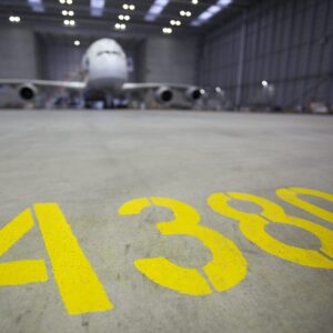 A380 in hangar from frog's perspective
