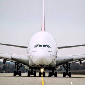 Frontview of an A380 on the runway