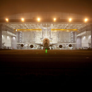 Look in a hangar with A380 at night